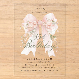 Invitaciones Acrílicas ACRÍLICO CLARO Cumpleaños 35 Cumpleaños Lazo Rosa