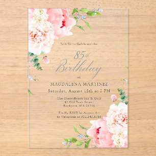 Invitaciones Acrílicas ACRÍLICO CLARO Cumpleaños 85 Flor de Peonía Rosa