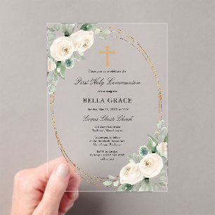 Invitaciones Acrílicas ACRÍLICO CLARO Primera Comunión Rosas Florales Bla