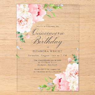 Invitaciones Acrílicas ACRÍLICO CLARO Quinceañera Floral de Peonía Rosa