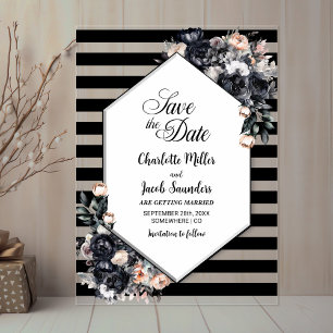 Invitaciones Acrílicas Acrílico floral negro rayado salva la fecha