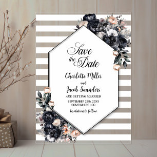 Invitaciones Acrílicas Acrílico floral negro rayado salva la fecha