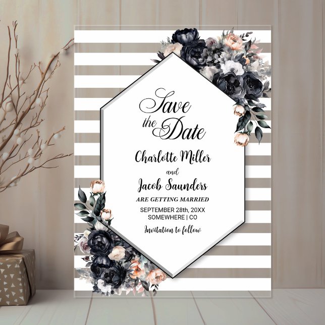 Invitaciones Acrílicas Acrílico floral negro rayado salva la fecha (Subido por el creador)