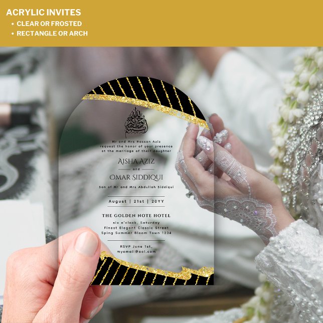 Invitaciones Acrílicas ACRÍLICO NIKAH WALIMA BlackGold Elegante islámico (Subido por el creador)