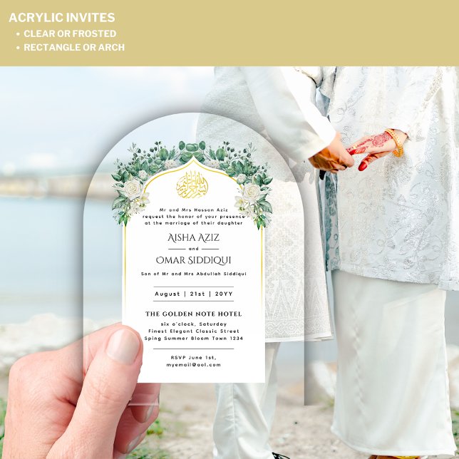 Invitaciones Acrílicas ACRÍLICO NIKAH WALIMA Rosas Blancas Oro Elegante (Subido por el creador)