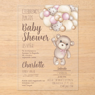 Invitaciones Acrílicas Acrílico Teddy Bear Chica Baby Shower español