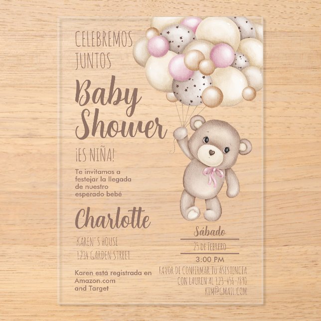 Invitaciones Acrílicas Acrílico Teddy Bear Chica Baby Shower español (Anverso)