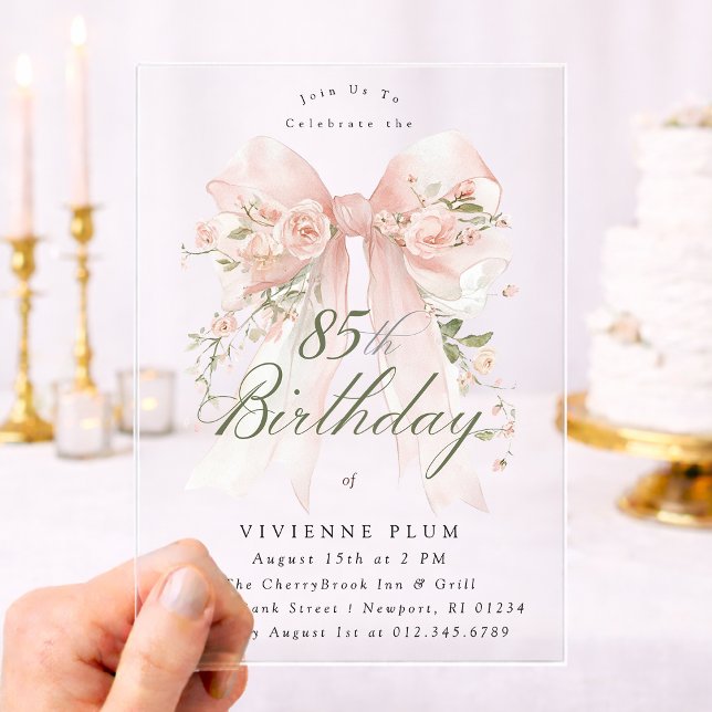 Invitaciones Acrílicas ACRÍLICO TRANSPARENTE Cumpleaños 85 Rosa Arco Flor (Subido por el creador)