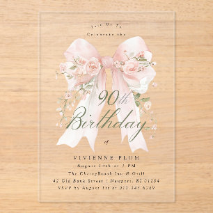 Invitaciones Acrílicas ACRÍLICO TRANSPARENTE Cumpleaños 90 Rosa Arco Flor