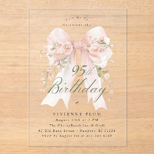 Invitaciones Acrílicas ACRÍLICO TRANSPARENTE Cumpleaños 95 Rosa Arco Flor