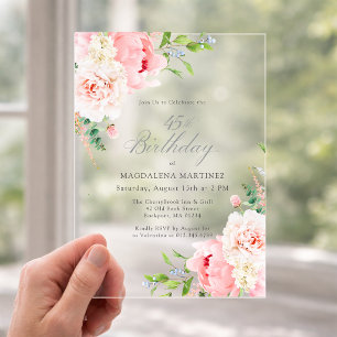 Invitaciones Acrílicas ACRÓLICO CLARO Cumpleaños 45 Floral Peonía Rosa