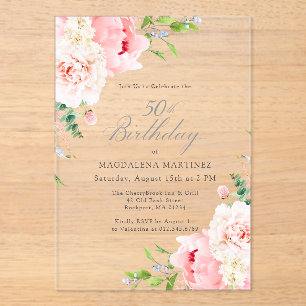 Invitaciones Acrílicas ACRÓLICO TRANSPARENTE Cumpleaños 50 Floral Peonía