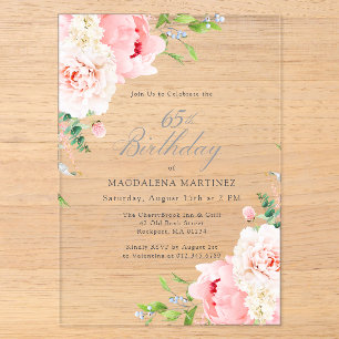 Invitaciones Acrílicas ACRÓLICO TRANSPARENTE Cumpleaños 65 Floral Peonía 