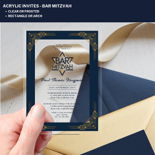 Invitaciones Acrílicas Acrylic BAR MITZVAH Azul Marino Dorado Geométrico