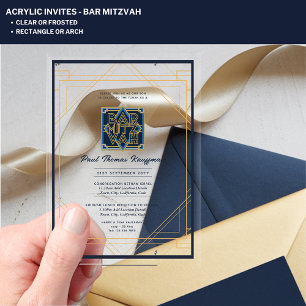 Invitaciones Acrílicas Acrylic BAR MITZVAH Azul Oro Moderno Tendencia