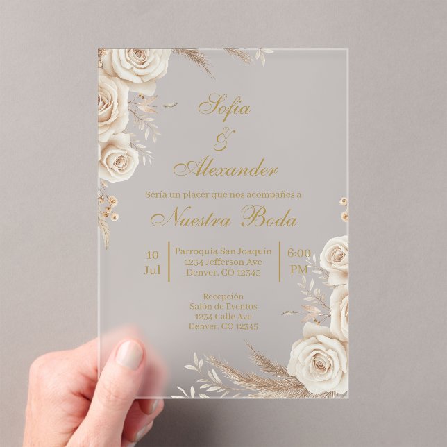 Invitaciones Acrílicas Acrylic Beige Boho floral Spanish Wedding (Insitu (portátil))
