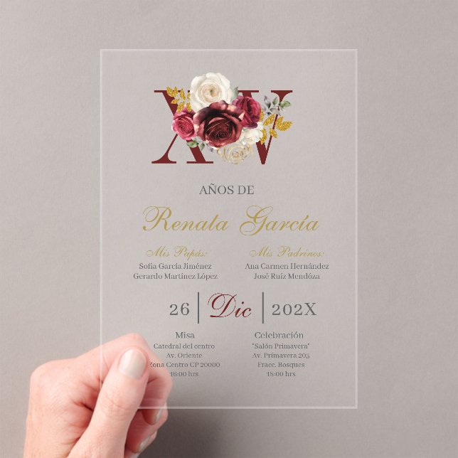 Invitaciones Acrílicas Acrylic Burgundy floral quinceañera invitation (Insitu (portátil))