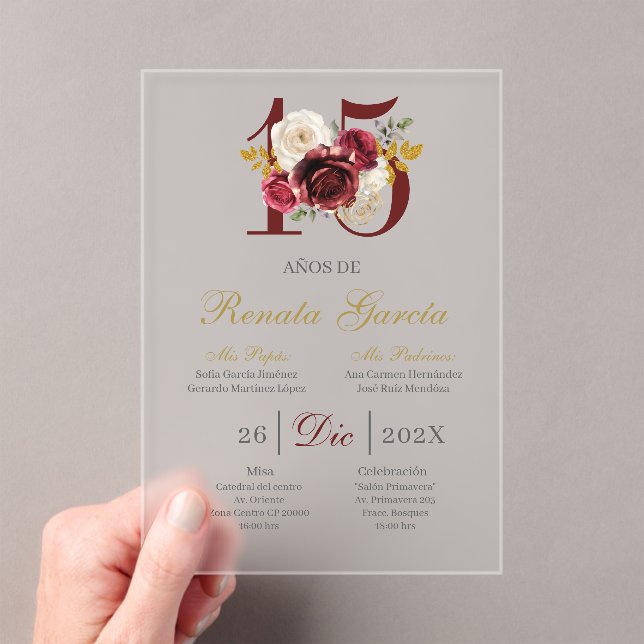 Invitaciones Acrílicas Acrylic Burgundy floral quinceañera invitation (Insitu (portátil))