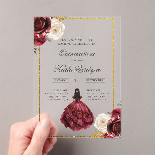Invitaciones Acrílicas Acrylic burgundy quinceañera