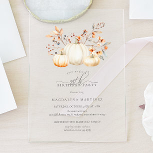 Invitaciones Acrílicas ACRYLIC Cumpleaños 55 Blanco Calabaza Hojas de Oto
