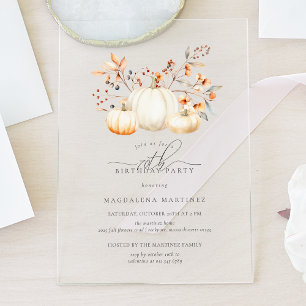 Invitaciones Acrílicas ACRYLIC Cumpleaños 70 Blanco Calabaza Hojas de Oto