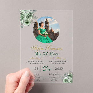 Invitaciones Acrílicas Acrylic Green elegant dress Quinceañera Invitation
