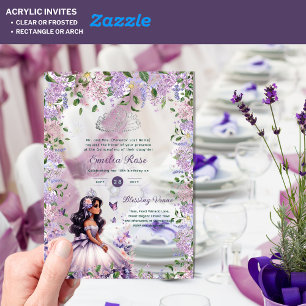 Invitaciones Acrílicas ACRYLIC Morado Plata Quinceañera Floral Wisteria