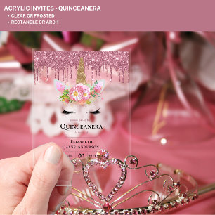Invitaciones Acrílicas Acrylic Quinceañera Unicorn Rosa con Purpurina que