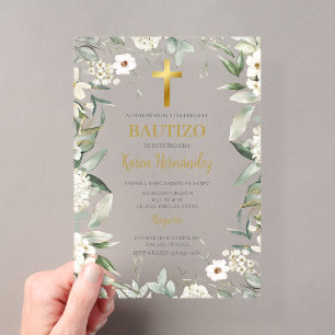 Invitaciones Acrílicas Acrylic vegetación flor blanca Bautismo Español