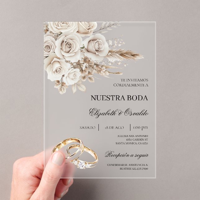 Invitaciones Acrílicas Acrylic White Floral Spanish Wedding Invitation (Insitu (portátil))