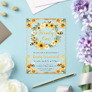 Invitaciones Acrílicas Acuarela Abeja de Verano y Girasoles Cumpleaños 21