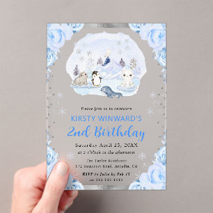 Invitaciones Acrílicas Acuarela Animales Árticos Florales Segundo Cumplea