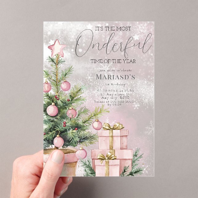 Invitaciones Acrílicas acuarela Árbol de Navidad Rosa 1er cumpleaños (Insitu (portátil))