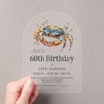 Invitaciones Acrílicas Acuarela Azul Cangrejo Mariscos Costeros 60 cumple<br><div class="desc">Esta elegante invitación en forma de arco acrílico es la invitación perfecta para celebrar un cumpleaños número 60 con la cena a lo largo de la costa. La combinación de textos de invitación es moderna, con un ambiente informal y acogedor, de buen gusto y acogedor. Funciona maravillosamente para él o...</div>