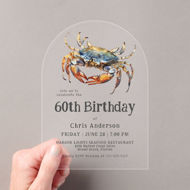 Invitaciones Acrílicas Acuarela Azul Cangrejo Mariscos Costeros 60 cumple (Insitu (portátil))