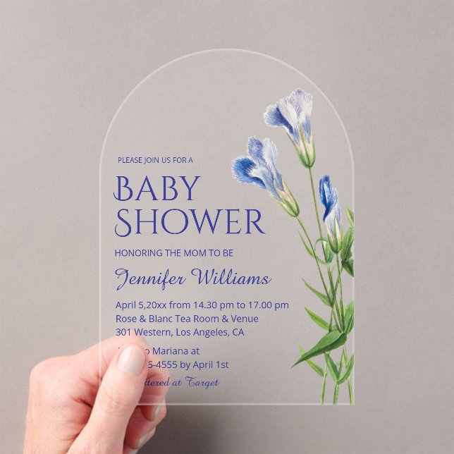Invitaciones Acrílicas acuarela azul floral niño bebé arco de ducha (Insitu (portátil))