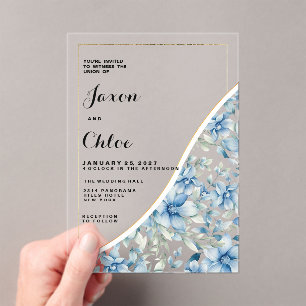 Invitaciones Acrílicas Acuarela azul menta Boda floral botánico Acry
