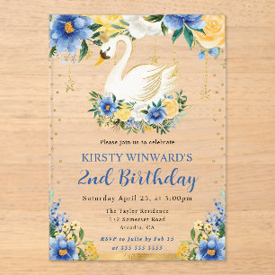 Invitaciones Acrílicas Acuarela Azul y Flores Amarillas Cumpleaños Cisne