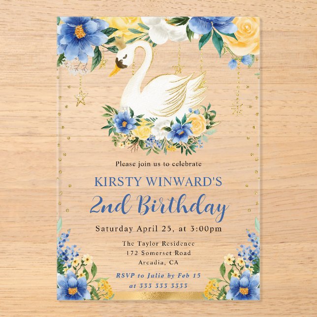 Invitaciones Acrílicas Acuarela Azul y Flores Amarillas Cumpleaños Cisne (Anverso)