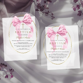 Invitaciones Acrílicas Acuarela Bow Rosa Baptismo Chica Transparente