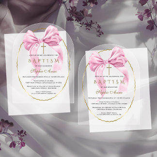 Invitaciones Acrílicas Acuarela Bow Rosa Baptismo Chica Transparente