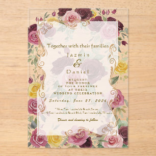 Invitaciones Acrílicas Acuarela Burgundy Polvoriento Rosas Amarillas/Clar