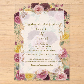 Invitaciones Acrílicas Acuarela Burgundy Polvoriento Rosas Amarillas/Clar