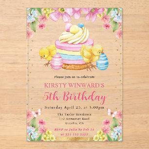 Invitaciones Acrílicas Acuarela Chicas de Pascua Primavera 5 cumpleaños