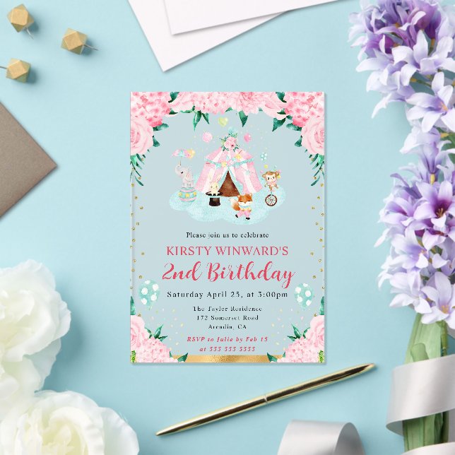 Invitaciones Acrílicas Acuarela Circo rosa Animales Niños Cumpleaños (Insitu (Boda))