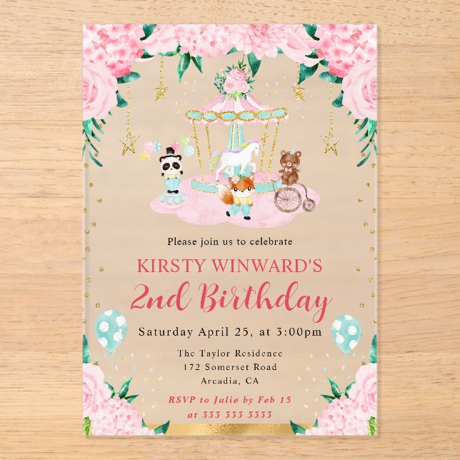 Invitaciones Acrílicas Acuarela Circo rosa Animales Niños Cumpleaños (Anverso)