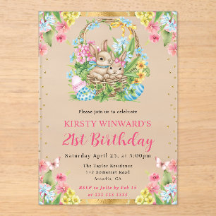 Invitaciones Acrílicas Acuarela Conejos de Pascua Primavera Cumpleaños 21