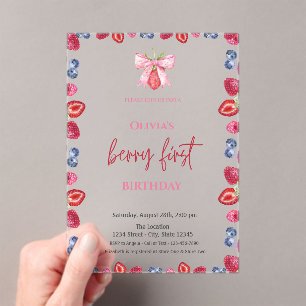Invitaciones Acrílicas Acuarela Cumpleaños 1 Fresa Arándano Azul