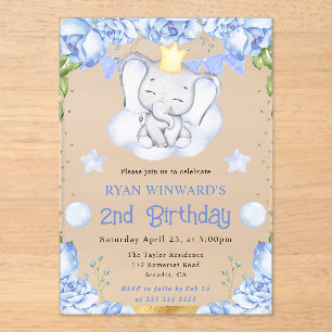 Invitaciones Acrílicas Acuarela Cumpleaños de Elefante Lindo y Rosas Azul