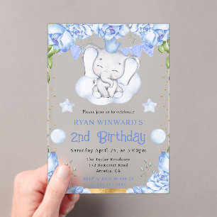 Invitaciones Acrílicas Acuarela Cumpleaños de Elefante Lindo y Rosas Azul